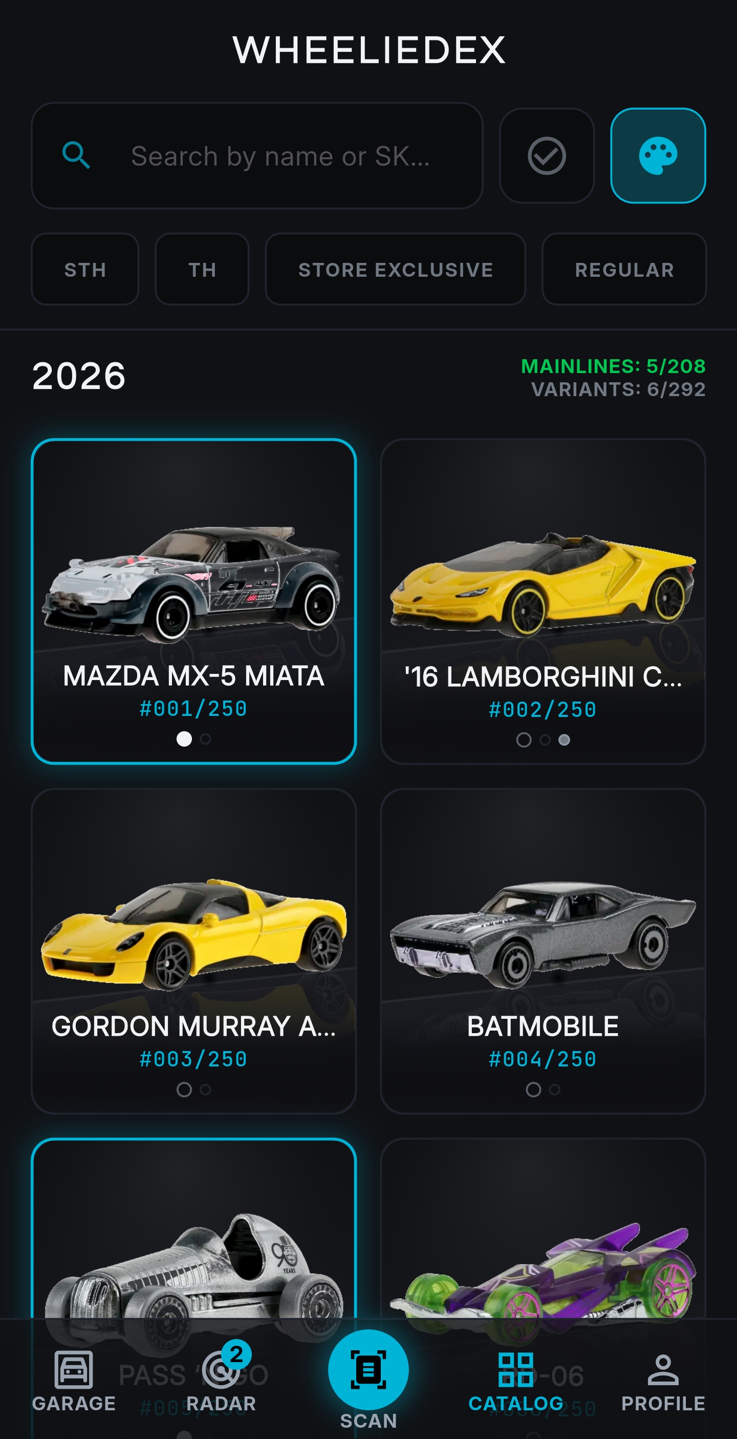 WheelieDex Catalog Screen